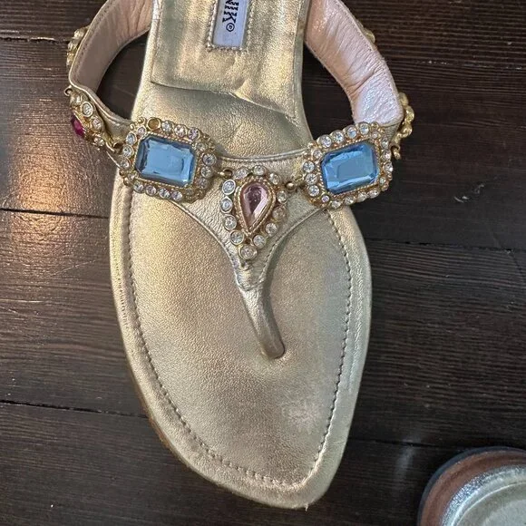 Manolo Blahnik Gold Leather Jeweled Flats - sz 38 (runs small - best for a 37) - Picture 3 of 10